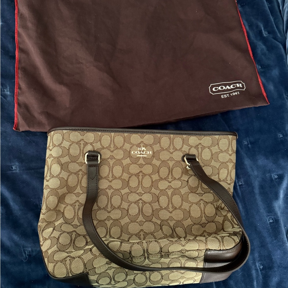 Coach Outline Signature Zip Top Tote in Khaki/Brown